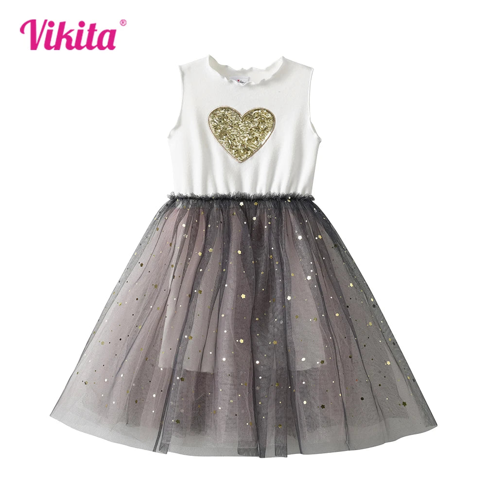VIKITA Girl Heart Shape Design Sequined Appliqued Dress Kids Sleeveless Summer Dress Infantil Vestidos Kids Casual Daily Dresses
