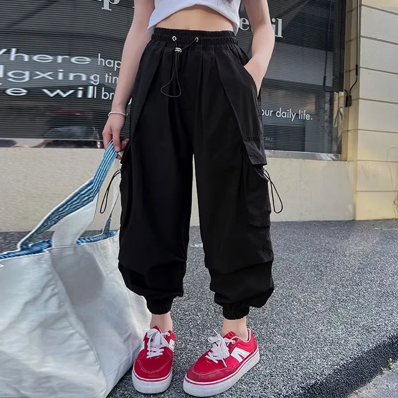 Girls' High Waist Straight Trousers Kids Fashion Hip Hop Joggers Cargo Pants Children Cool Spring Autumn Drawstring Sweatpants