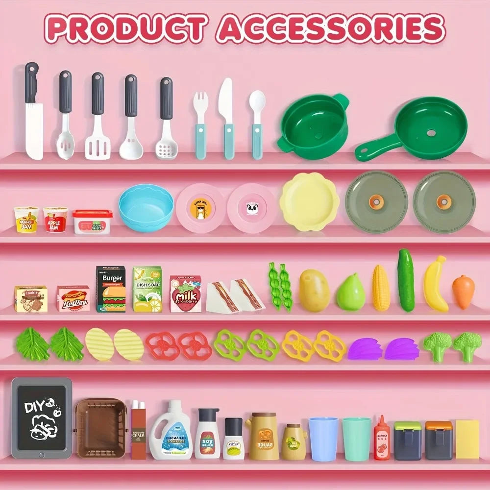 Kids Kitchen Playset with Realistic Lights & Sounds Spray Sink Pretend Play Food Kitchen Christmas Gift for Boys Girls Toddlers