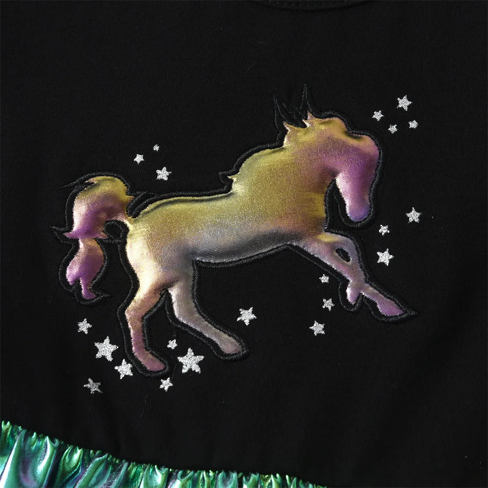 VIKITA Girls Unicorn Cartoon Dress Kids Short Sleeve Summer Dresses Girls Casual Shiny Patchwork Infantil Vestidos Kids Clothes