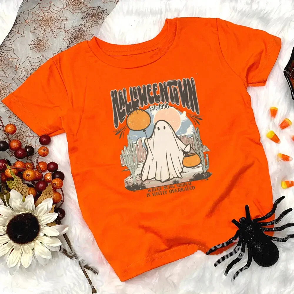Halloween Print Kids Tee Tops Casual Short Sleeve Child Pumpkin Print Round Neck Tees Shirt Holiday Halloween Party Kid Clothes