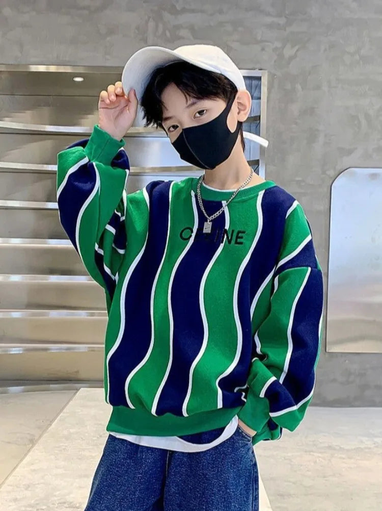 Boys' Medium-Large 2025 New Arrival No Hood Fleece-Lined Spring/Autumn Trendy Cool Kids Sweatshirt
