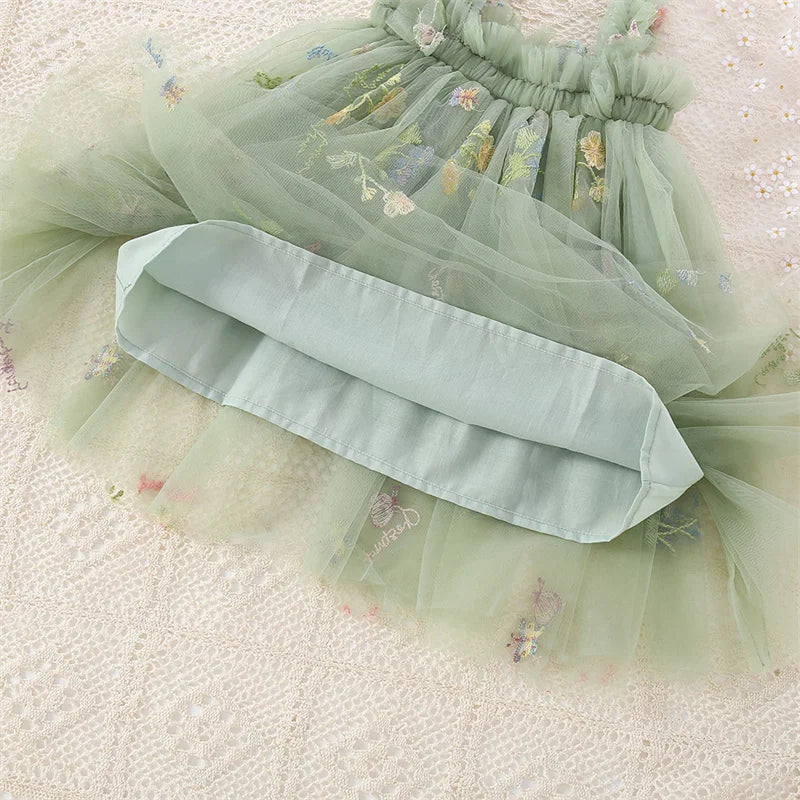 Summer New Green Chiffon Baby Girl Princess Dress, Sweet Flower Embroidery Children'S Sling Clothes For Babies Aged 0-5 Years