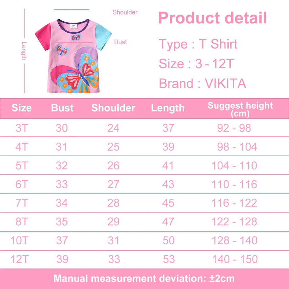 VIKITA Girls Tops and Tees for Summer Kids Butterfly Print Cartoon T Shirts Girls O Neck Short Sleeve Cotton Casual Daily Tees