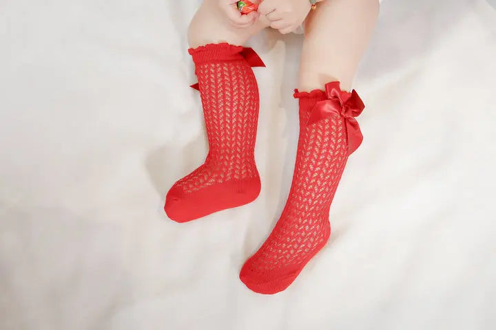Limit quantity 0-2Y Children Girls Royal Style Bow Knee High Fishnet Socks Baby Toddler Bowknot Socks Kid Hollow Out Sock Sox
