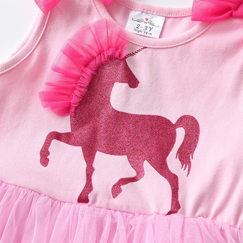 VIKITA Kids Mesh Tulle Tutu Layered Princess Birthday Party Prom Gown Dress Girls Unicorn Cartoon Summer Sleeveless Dresses