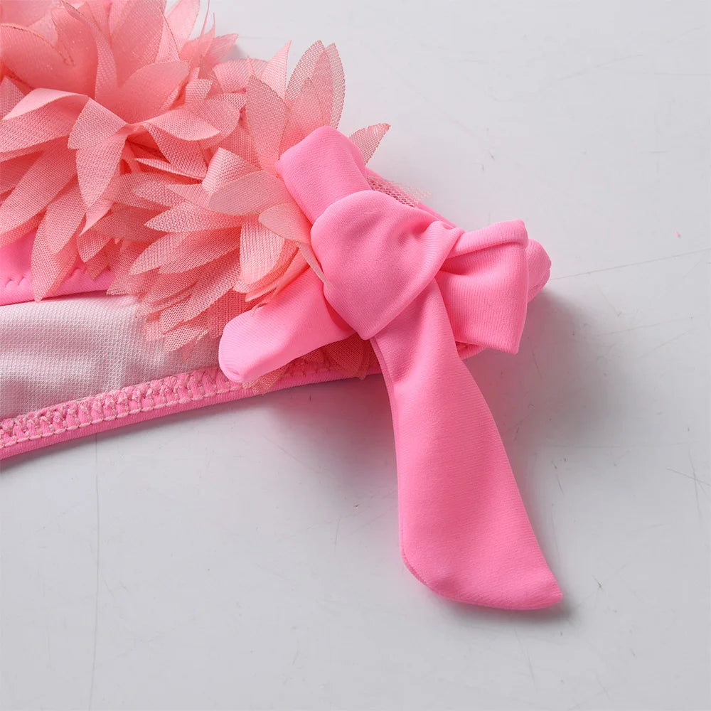 Girls Pink Floral Bikini Sets Kids One Shoulder Tulle Pink Swimsuit 2 Pcs Toddlers Summer Beach Vacation Party Stylish Swimwear