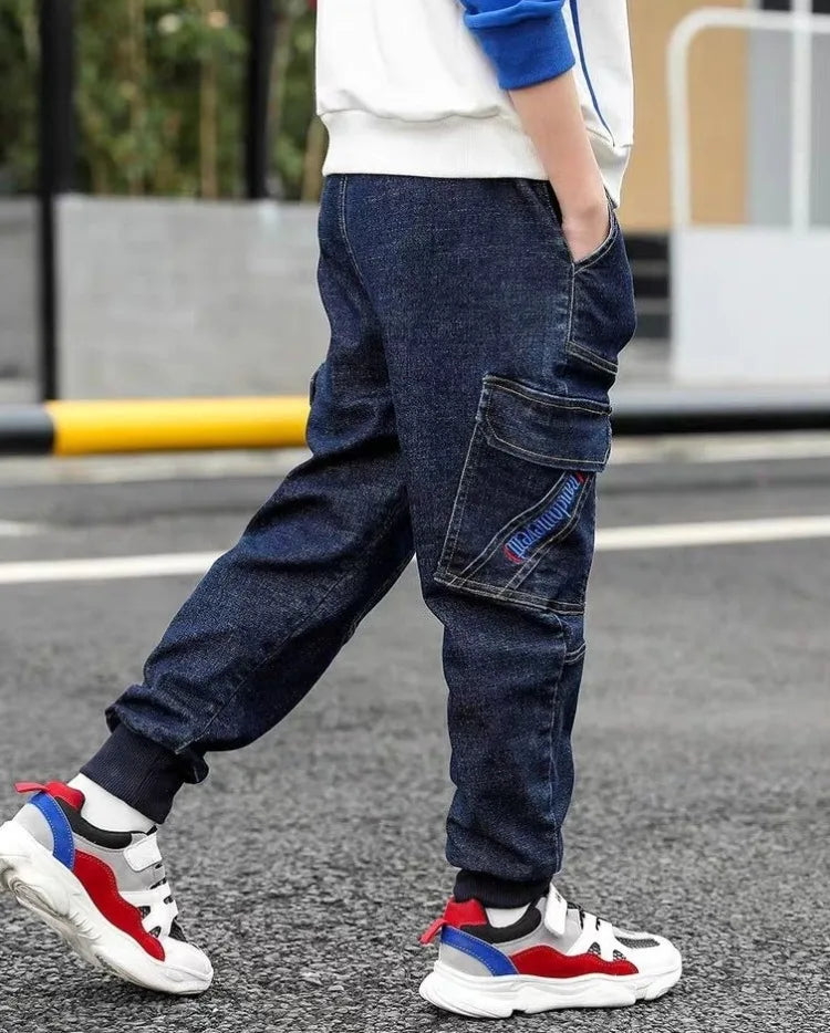 Autumn Winter Boys Fleece-Lined Cargo Pants/Korean Style Thickened Jeans for Toddler Boys
