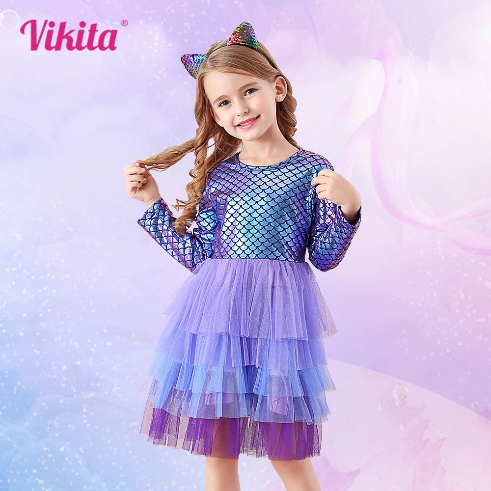 VIKITA Girl Princess Dress Autumn Wedding Birthday Party Tutu Vestidos Kids Dresses For Girls Children Christmas Costumes
