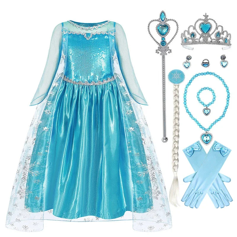 Disney Kids Girls Cosplay Frozen Elsa Anna Princess Dress Girl Mesh Ball Gown Carnival Birthday Clothes Snow Queen Elsa Costume