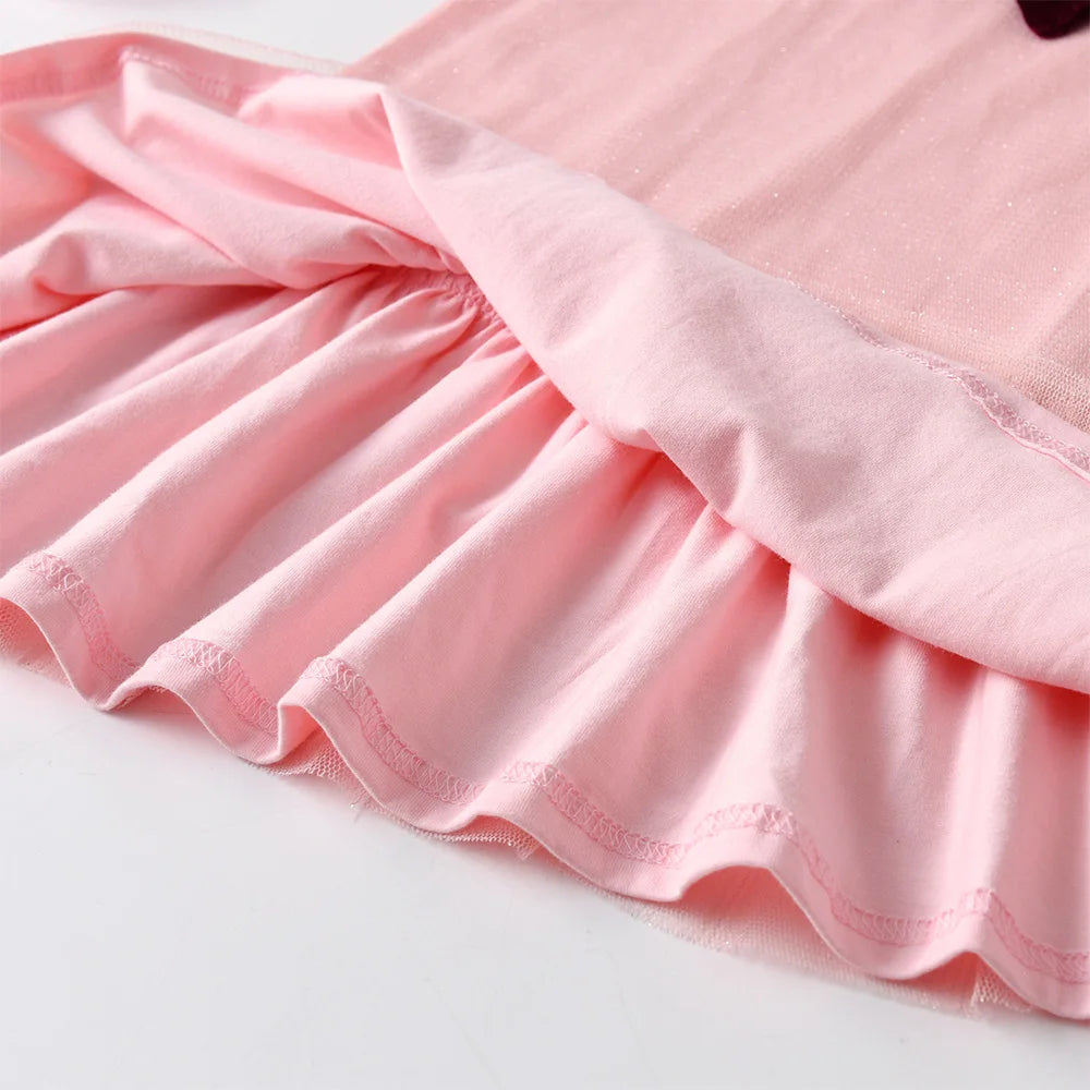 VIKITA Children Cotton Casual Dresses Kids Pink Ruffles Dress Girls Autumn Spring Long Sleeve Straight Dress with Bowknot 3-8 Y