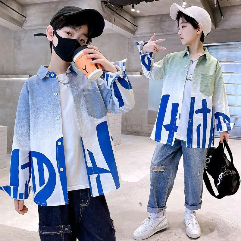2025 Trendy Tween Boys Gradient Shirt Spring Autumn Summer Kids Clothing Hot Sale Unique Fashion Design