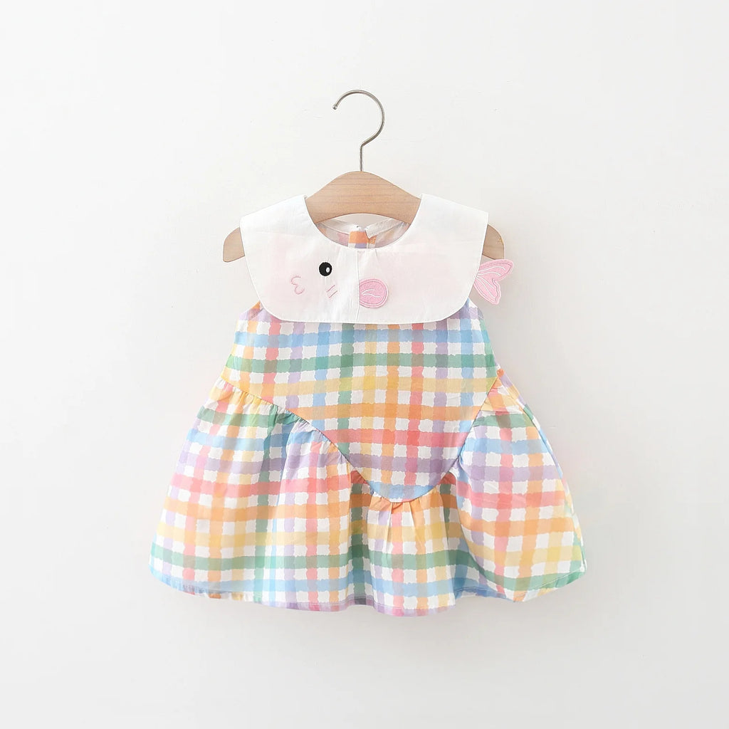 Summer New Cute Colorful Checkered Baby Girl Dress, White Collar Children'S Sleeveless Clothes (9 Months -3 Years Old)