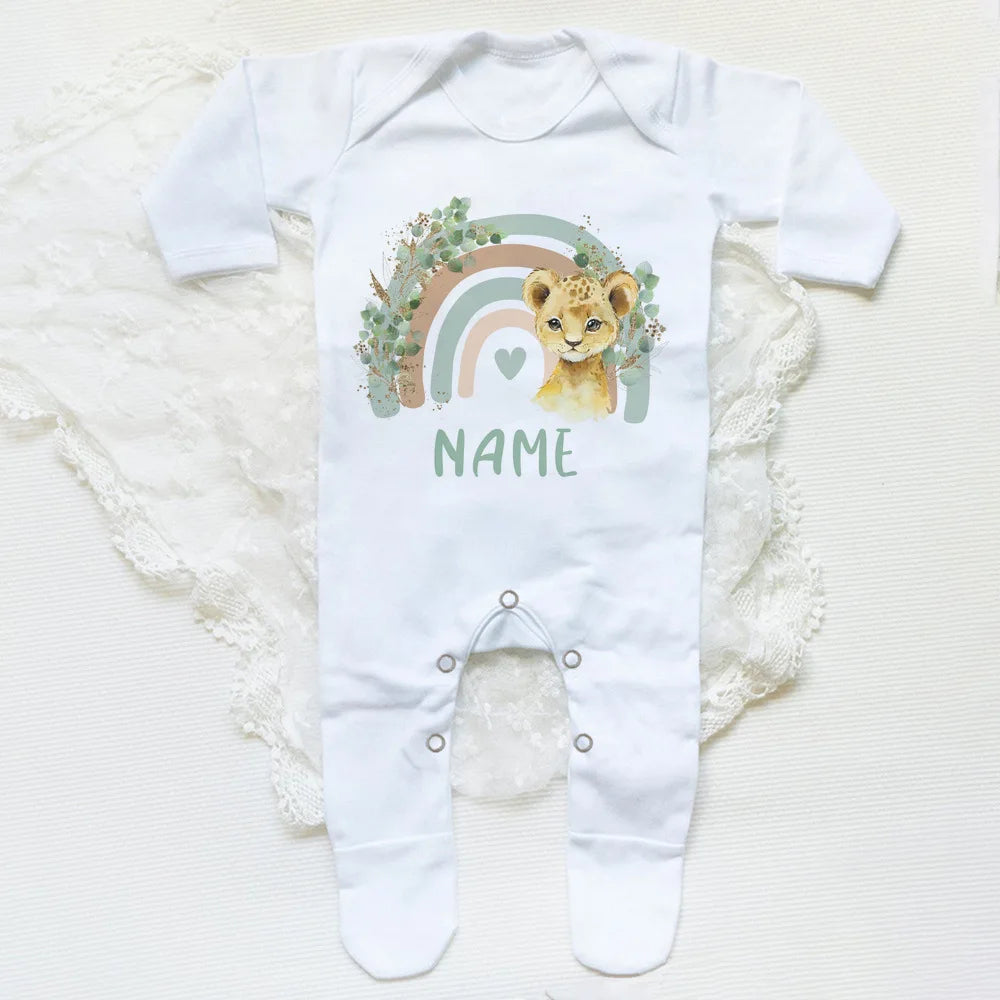 Personalised Forest Animal Rainbow Babygrow Sleepsuit Custom Name Infant Sleepsuit Baby Coming Home Outfit Newbron Shower Gift