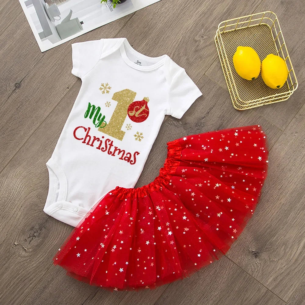 My First Christmas Newborn Girl Red Romper Jumpsuit Baby Girl Casual Short Sleeve Toddler Cake Dresses Christmas Best Gifts
