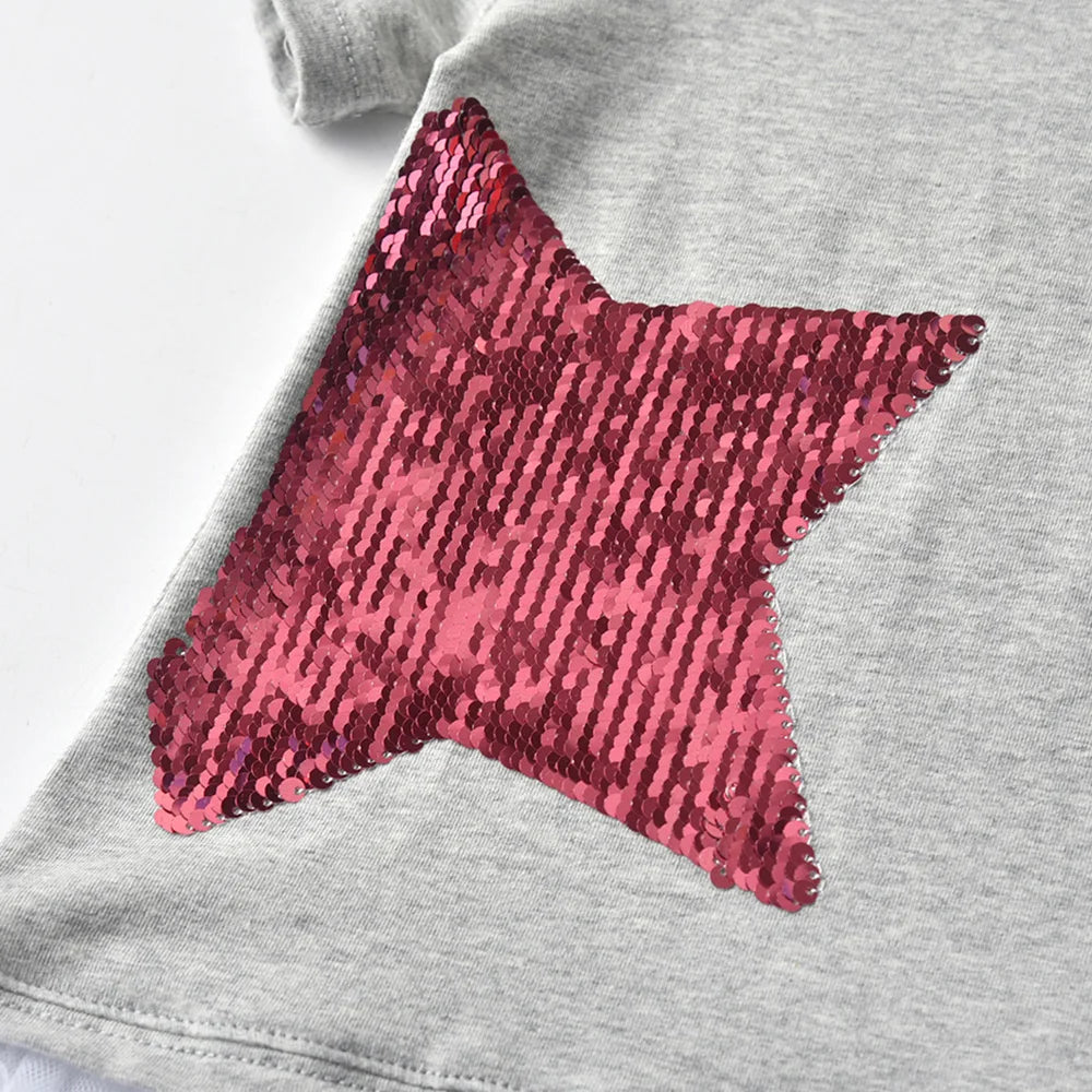 VIKITA Girls Star Sequined Appliqued O Neck Short Sleeve T Shirts Kids Summer Cotton Casual Daily Fashion Tees Tops Wear Clothes