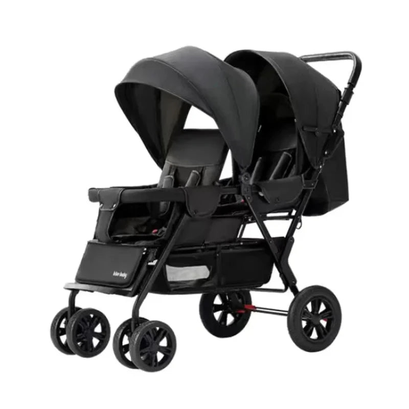 Large Double Stroller Sit Lying Foldable Portable Front & Rear Seat with Adjustable Backrest Canopy Double Brake Storage Basket