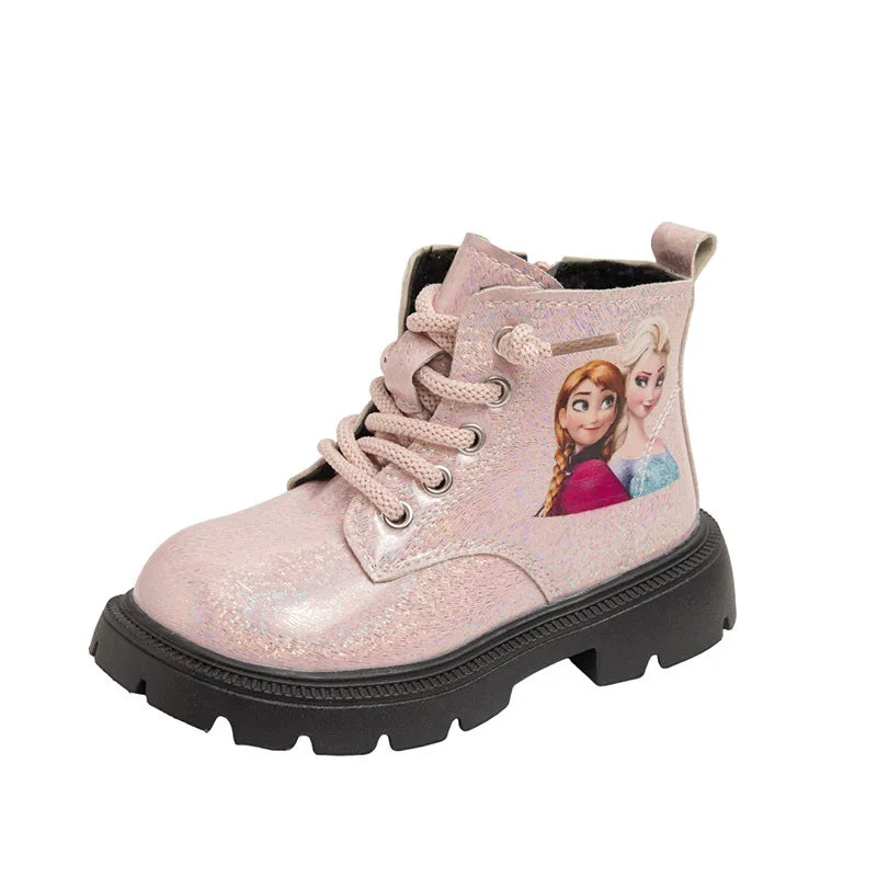 Kids'Casual Shoes Boots PU Leather Cartoon Elsa Spring Shoes For Girls Anti-slip Soft Bottom Black Pink Shoes Size 23-34
