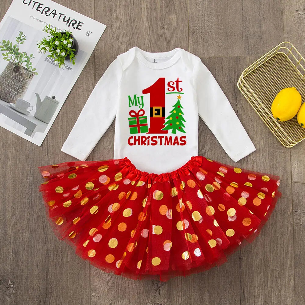 My 1St Christmas Baby Bodysuit Cake Dresses Set Infant Girls Long Sleeve Playsuit Tutu Skirts Clothes Toddler Xmas Party Outfits
