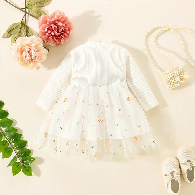 Spring And Autumn New Floral Chiffon Baby Girl Princess Dress, White Long Sleeved Children'S Clothing For Babies Aged 0-3 Years