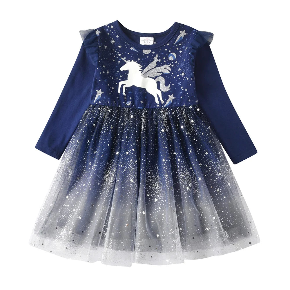 Girls Navy Blue Starry Glitter Elegant Tutu Dress Toddlers Kids Silver Unicorn Ruffled Shoulders Fantasy Party Princess Vestidos