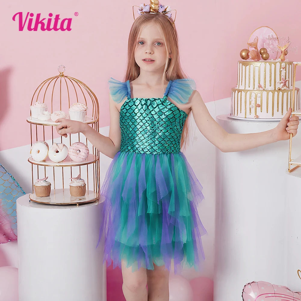 VIKITA Girls Sling Dress Girls Mermaid Print Sleeveless Summer Dresses Kids Mesh Tulle Party Travel Beach Vacation Tutu Vestidos