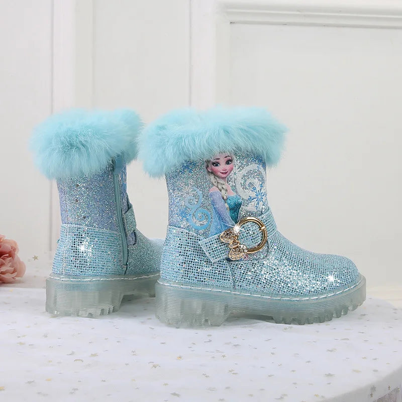 Disney Girls' Boots Winter Fashion Frozen Elsa Princess Boots Children's Short Girls' Cotton Fur Ankle Boots Girls' Pink Shoes