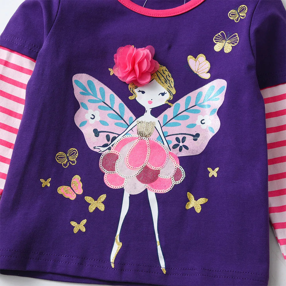 VIKITA Kids Butterfly Doll Cartoon Print T Shirt Girl Autumn Spring Long Sleeve Striped Cotton Casual Tops and Tees Kids Clothes