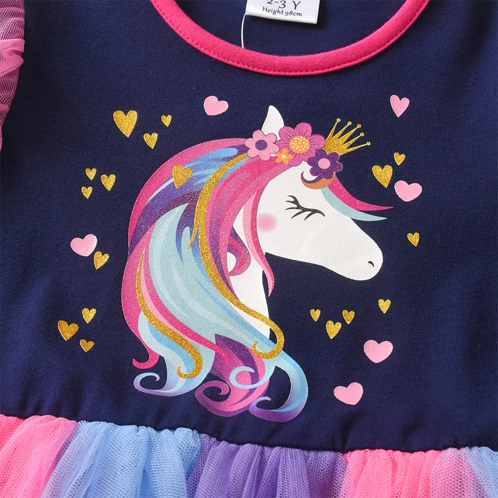 VIKITA 2025 New Kids Party Princess Dress Girls Unicorn Heart Shape Long Sleeve Spring Autumn Colorful Dress Toddlers Tops Wear