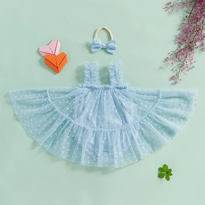 Toddler Girls Floral Print Ruffle Sleeve Romper Dress with Matching Headband Set for Summer Beach Outfit