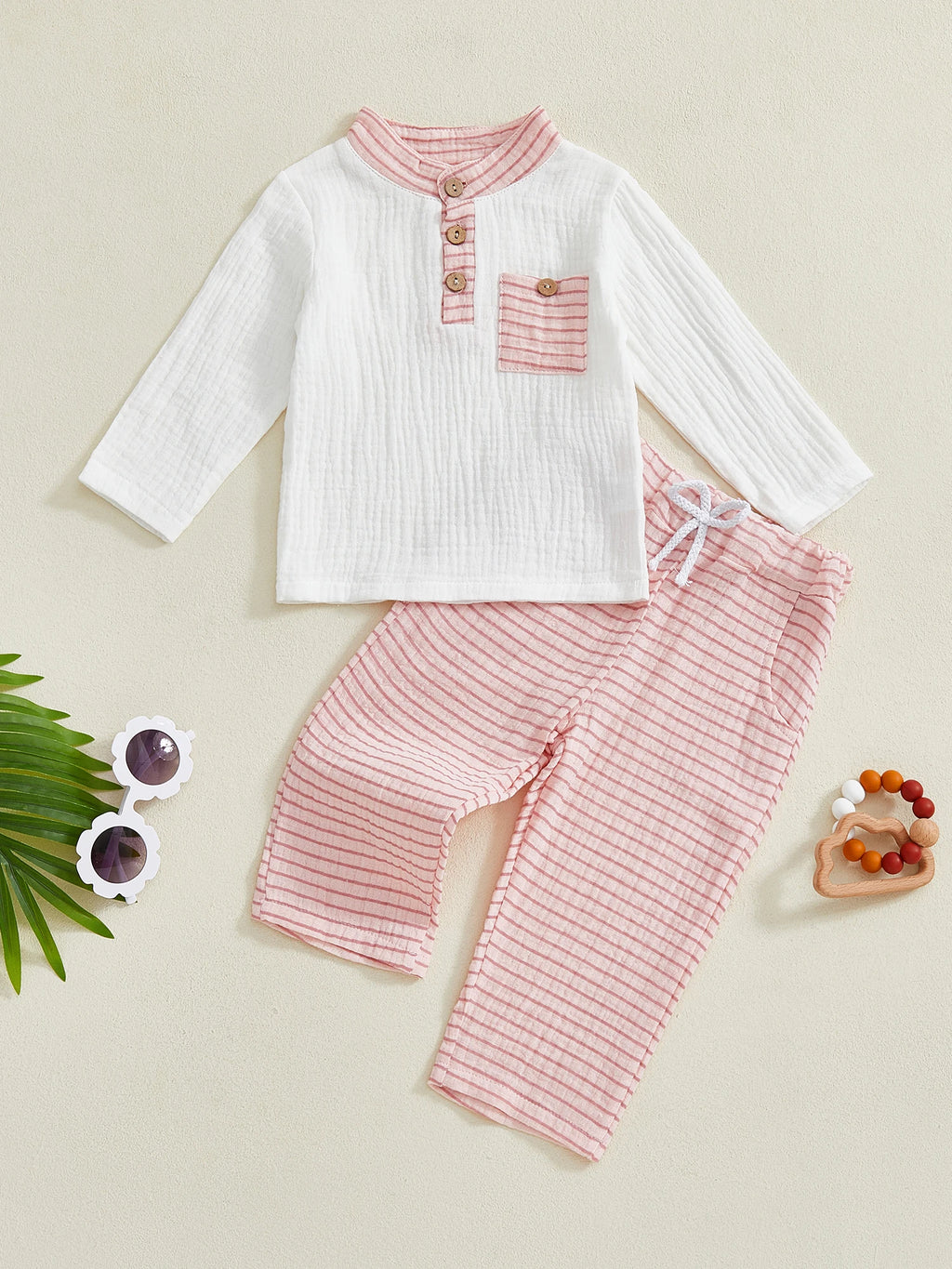 Adorable Infant Autumn Apparel Set Stylish Button-Up Shirt Matching Striped Trousers with Handy Pocket 2 Piece Ensemble