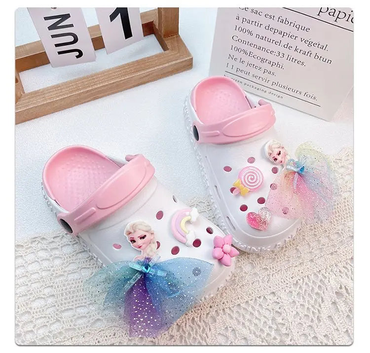 Disney Girls' Slippers Summer Princess Elsa Children's Girls Hole Shoes Summer Frozen Slippers Blue Pink Shoes Size 24-40