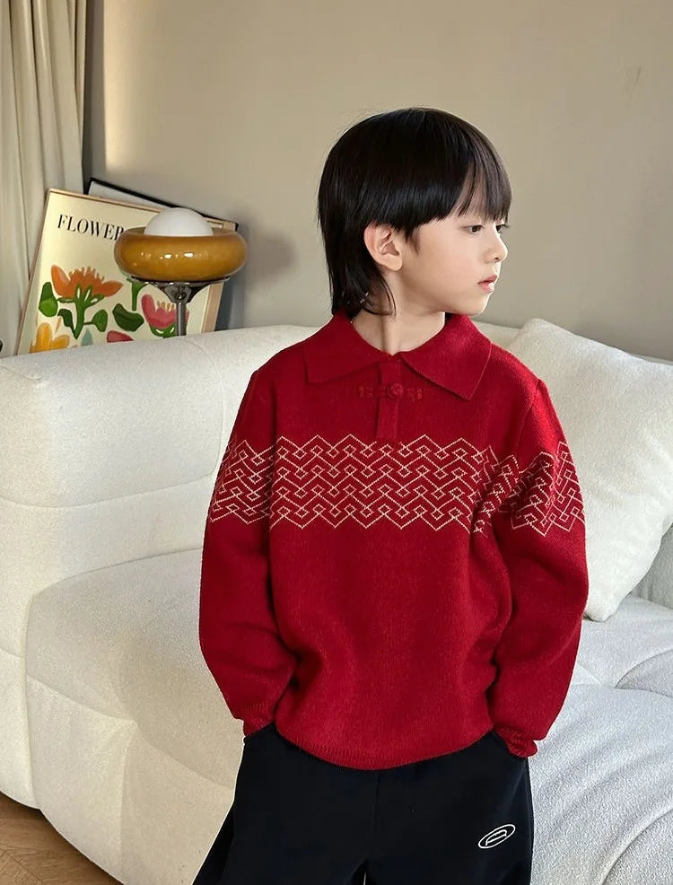 Boys' Red POLO Knit Sweater 2025 Autumn/Winter New Big Kids New Year Outfit Traditional Chinese Style Warmth Crossover Sweater