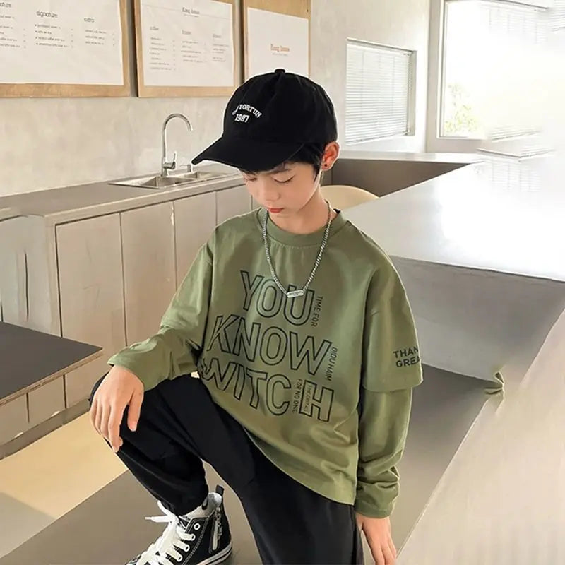 Letter Print Children's Clothes Boys Child T-shirt Long Sleeve Tshirt Clothing 7 12 Years Boy's Kids Wear T-shirts Top Oversized