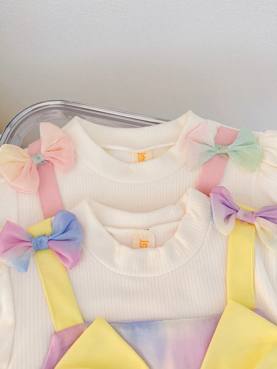 Spring And Autumn New Sweet Bow Baby Girl Dress, Colorful Gradient Skirt, Children'S Long Sleeve Clothes (9 Months -3 Years Old)