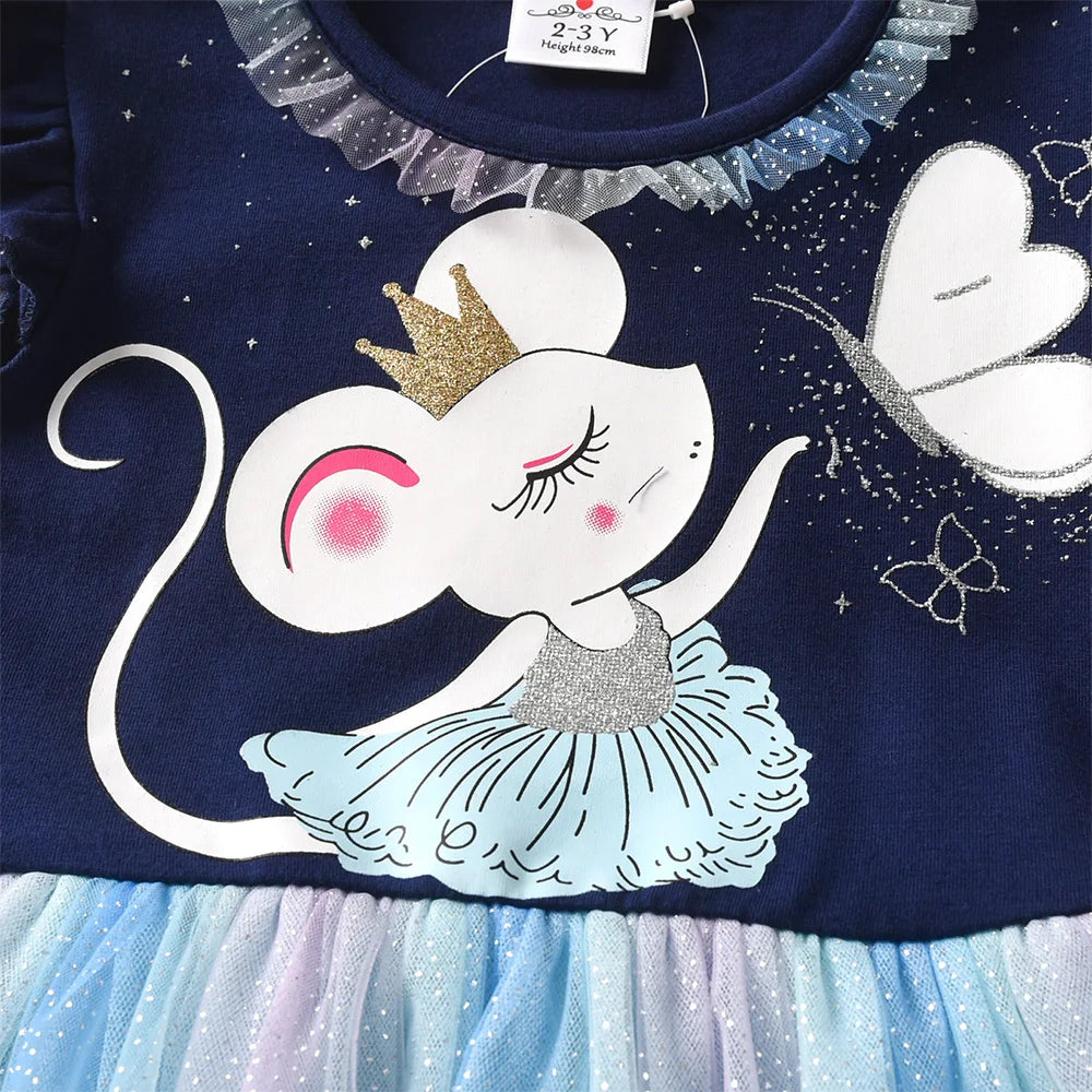 VIKITA Kids Patchwork Dress Cartoon Print Mesh Dress Girls Sparkly Glittery Summer Sleeveless Princess Birthday Party Prom Gown