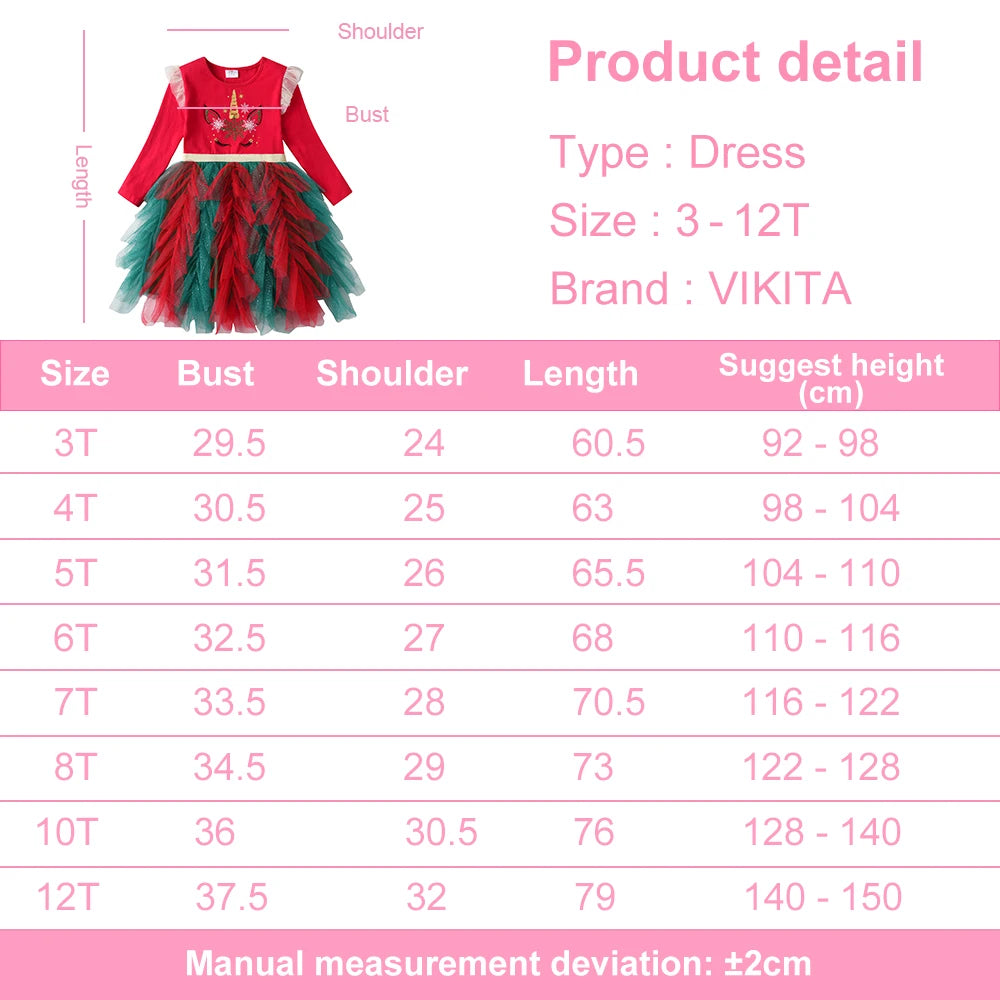 VIKITA 2025 New Girls Christmas Green Red New Year Princess Tutu Dress Kids Unicorn Snowflakes Autumn Winter Party Prom Gown