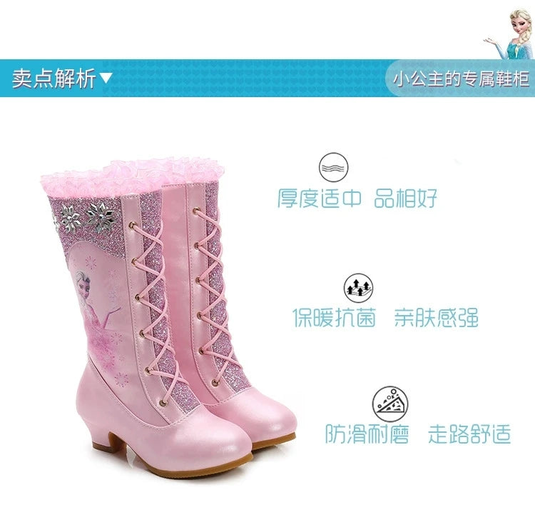 Disney Girls High Heel Boots Winter Children's Long Sleeved Plush Snow Warm Boots Princess Elsa Pink Blue Boots Size 27-37