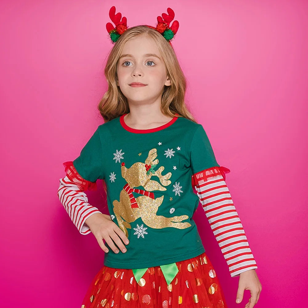 Girls Christmas Green Tops with Ruffle Sleeves Kids Reindeer Snowflake Print Soft Cotton Holiday Party Xmas Festival Tees Gift