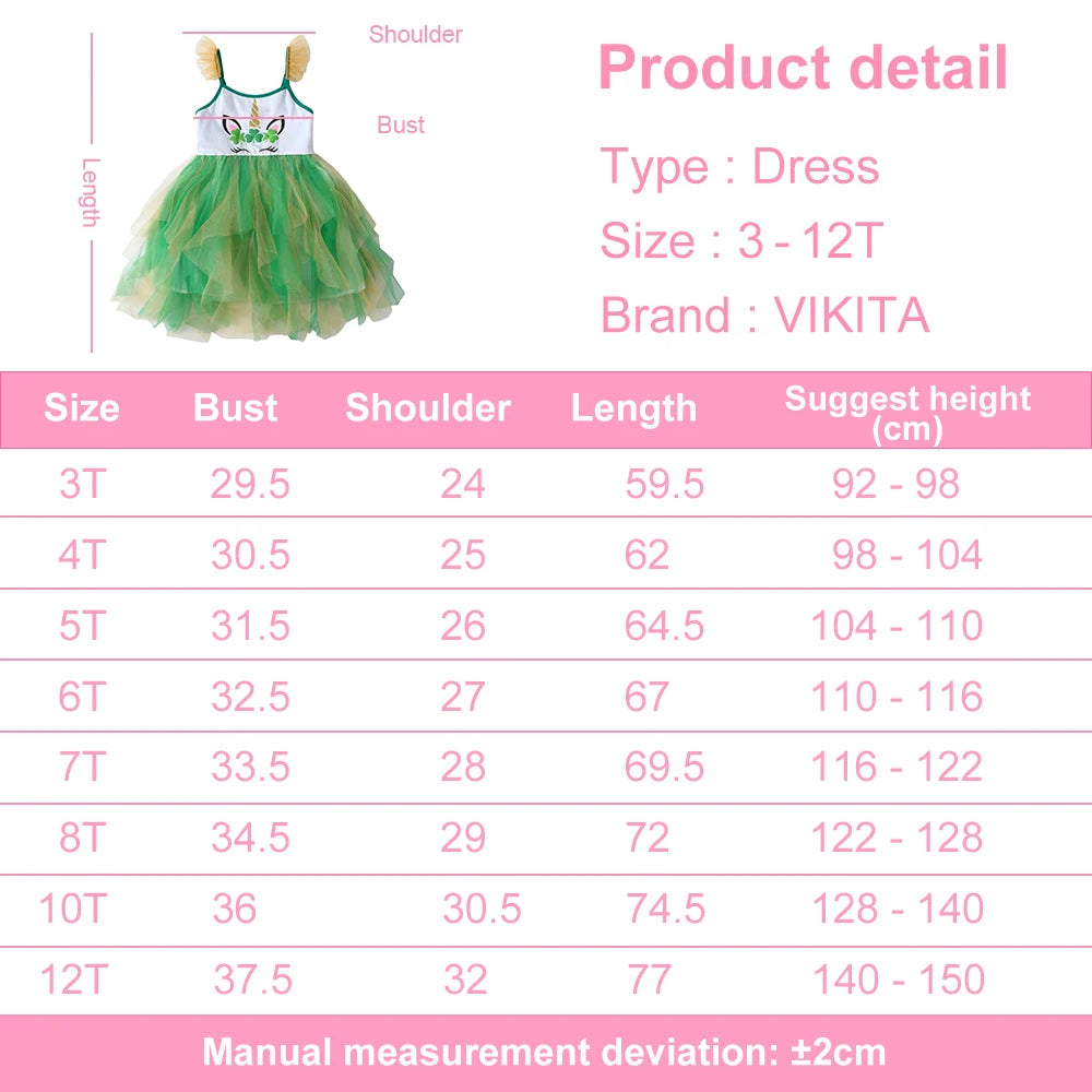 VIKITA Toddlers Girls Green Irregular Tulle Mesh Dress Girls Spaghetti Strap Unicorn Festival Party Princess Tutu Sling Dresses