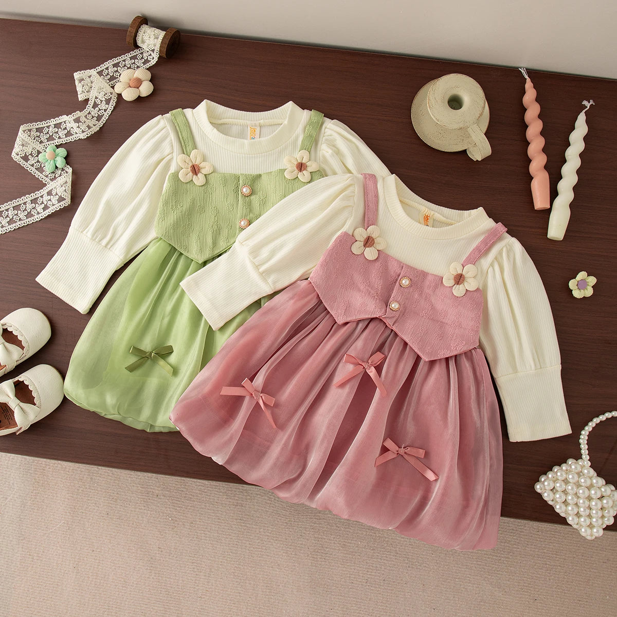 Spring And Autumn New Fake Two Piece Long Sleeve Baby Girl Dress, Sweet Bow Children'S Clothing For Babies Aged 0-3 Years