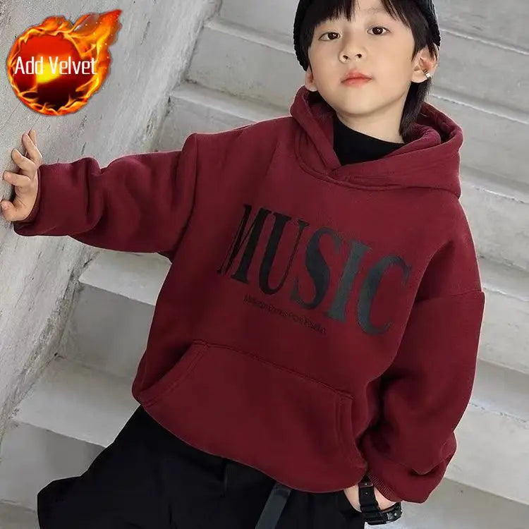 2025 New Boys' Kids' Autumn Winter Printed Fleece-Lined Thickened Hooded Hoodie - Stylish Trendy Top