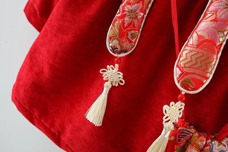 New Winter Embroidered Baby Girl Dress, Retro Style Children'S Clothing For Spring Festival Parties+Red Envelope Bag Giveaway