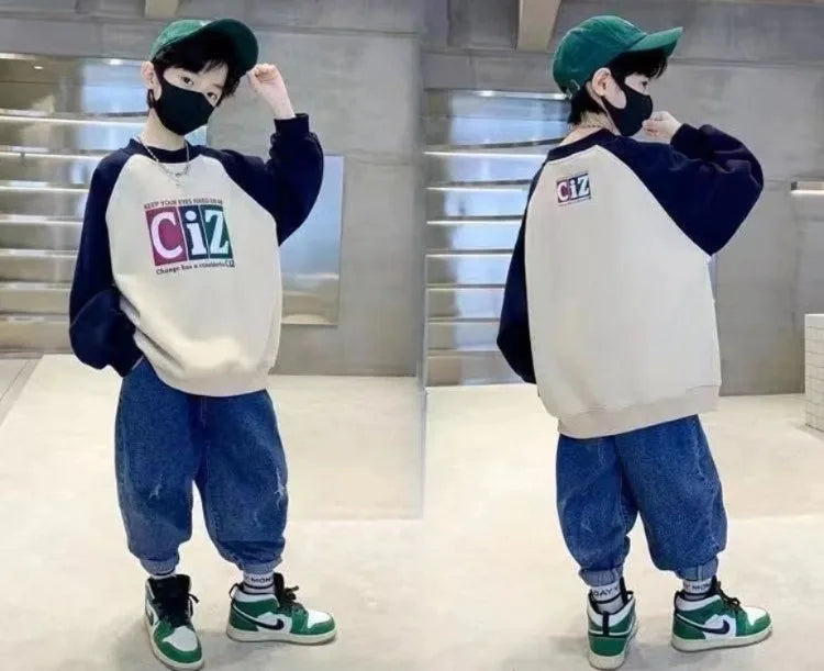 Boys' Medium-Large 2025 New Arrival No Hood Street-Style Korean Trendy Layering Top Kids Sweatshirt for Spring/Autumn