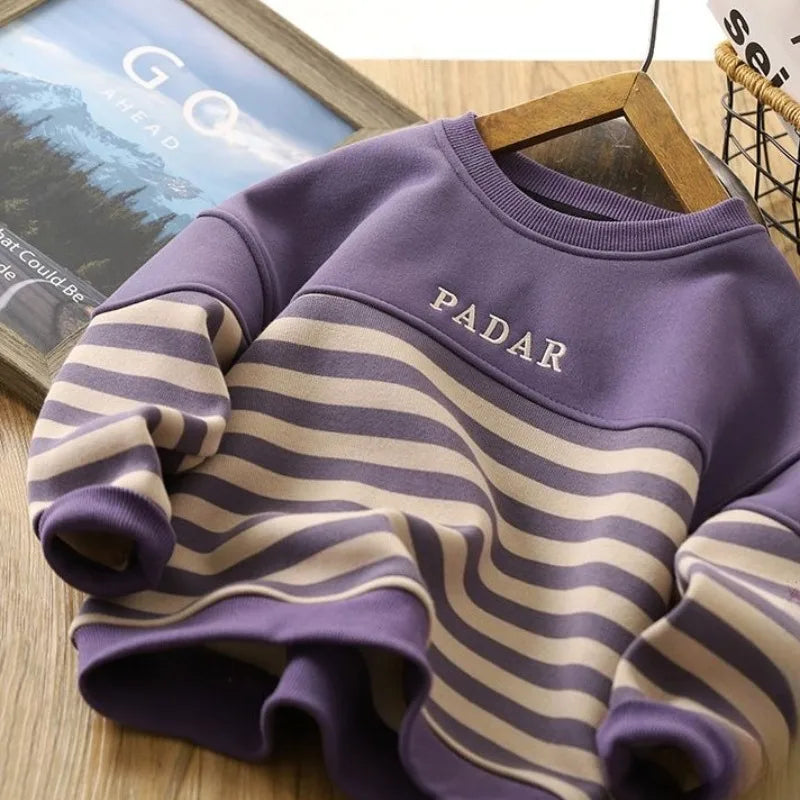 Boys' 2025 New Arrival No Hood Double Fleece-Lined Thickened Striped Crewneck Sweatshirt Autumn/Winter Trendy