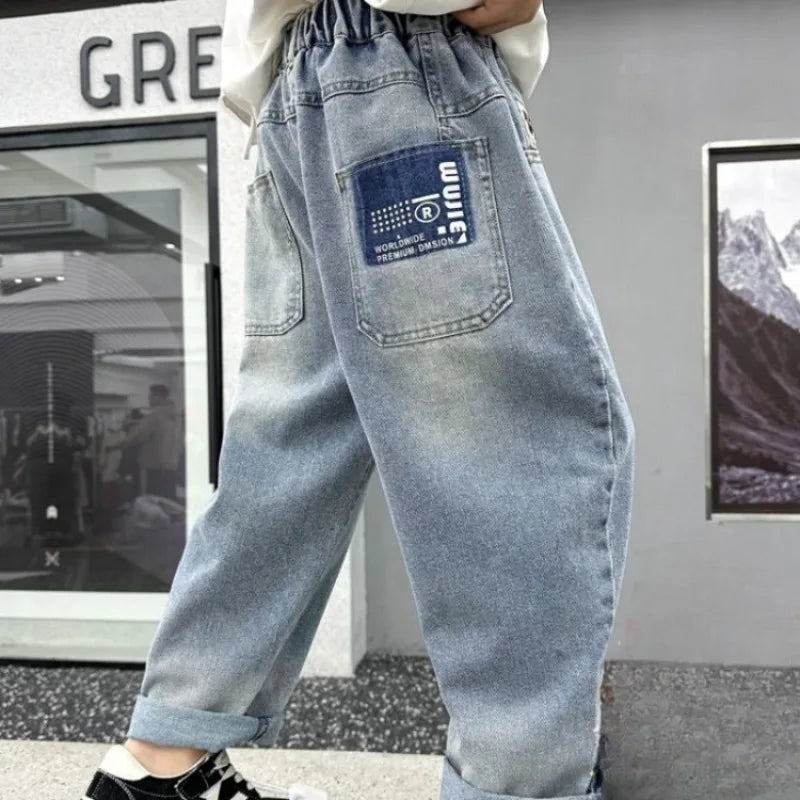 Kids Boys Thickened Winter Jeans Loose Fleece-Lined Long Pants Casual Stylish Warmth