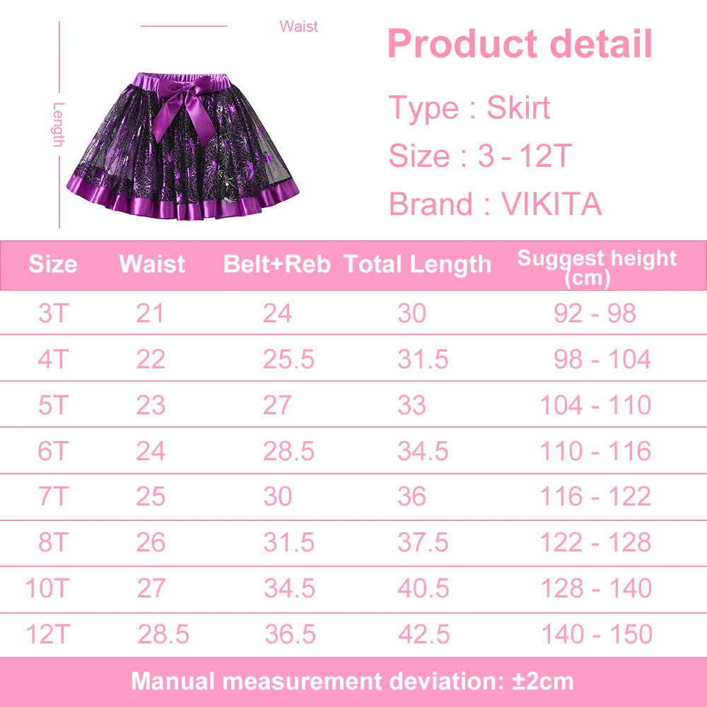VIKITA Girls Halloween Festival Cosplay Skirt Kids Cobweb Purple Mesh Tulle Ruffles Party Princess Mini Skirts Children Clothes