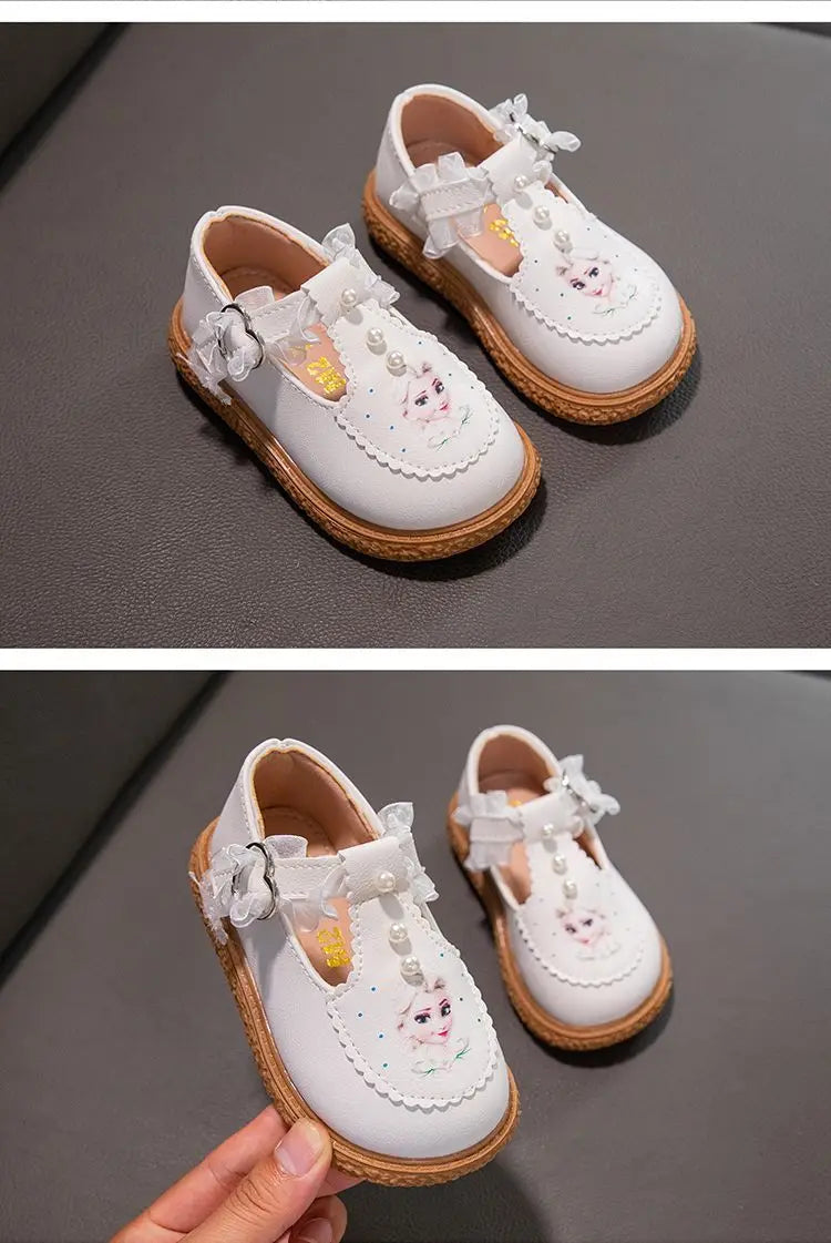 Disney Girls' Leather Shoes Lolita Princess Elsa Shoes Soft Sole Shoes Spring Children's Autumn Girl White Shoes Size 23-35