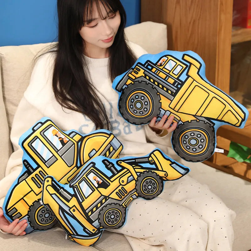 Stuffed Transporter Plush Pillow Soft Printing Multi-functional Bulldozer Forklift Crane Excavator Road Roller Tramcar Men Gift