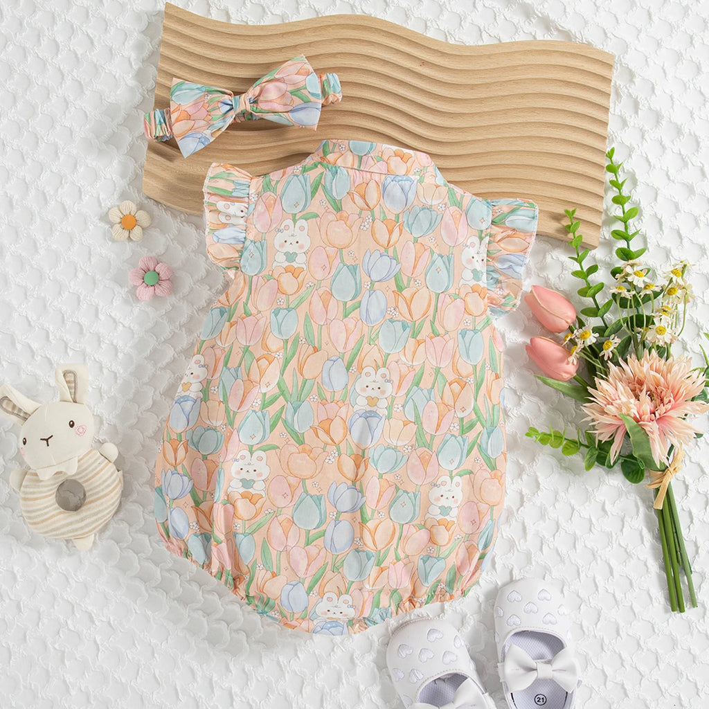 Summer New Cute Bunny Baby Girl Jumpsuit, Sweet Flower Children'S Clothes With Free Bow Headband For Babies Aged 3-18 Months